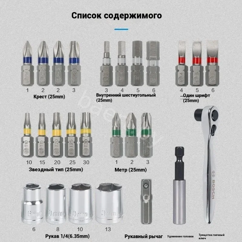 Насадка-бита Promoline T/SL/PH/H/PZ с торцевыми головками и ключом-трещоткой (19+4шт) 2.607.017.322